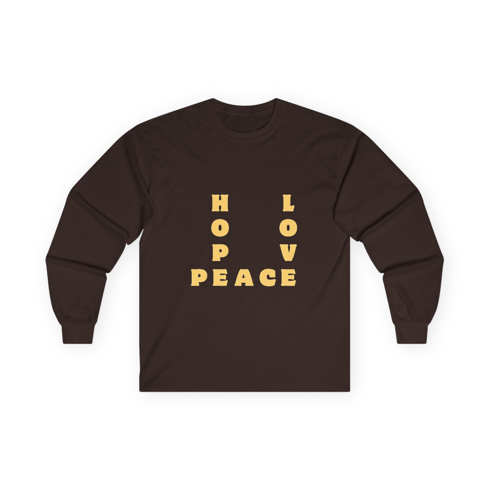 Hope Love Peace Long Sleeve Tee – Retro Block Letter Graphic Shirt