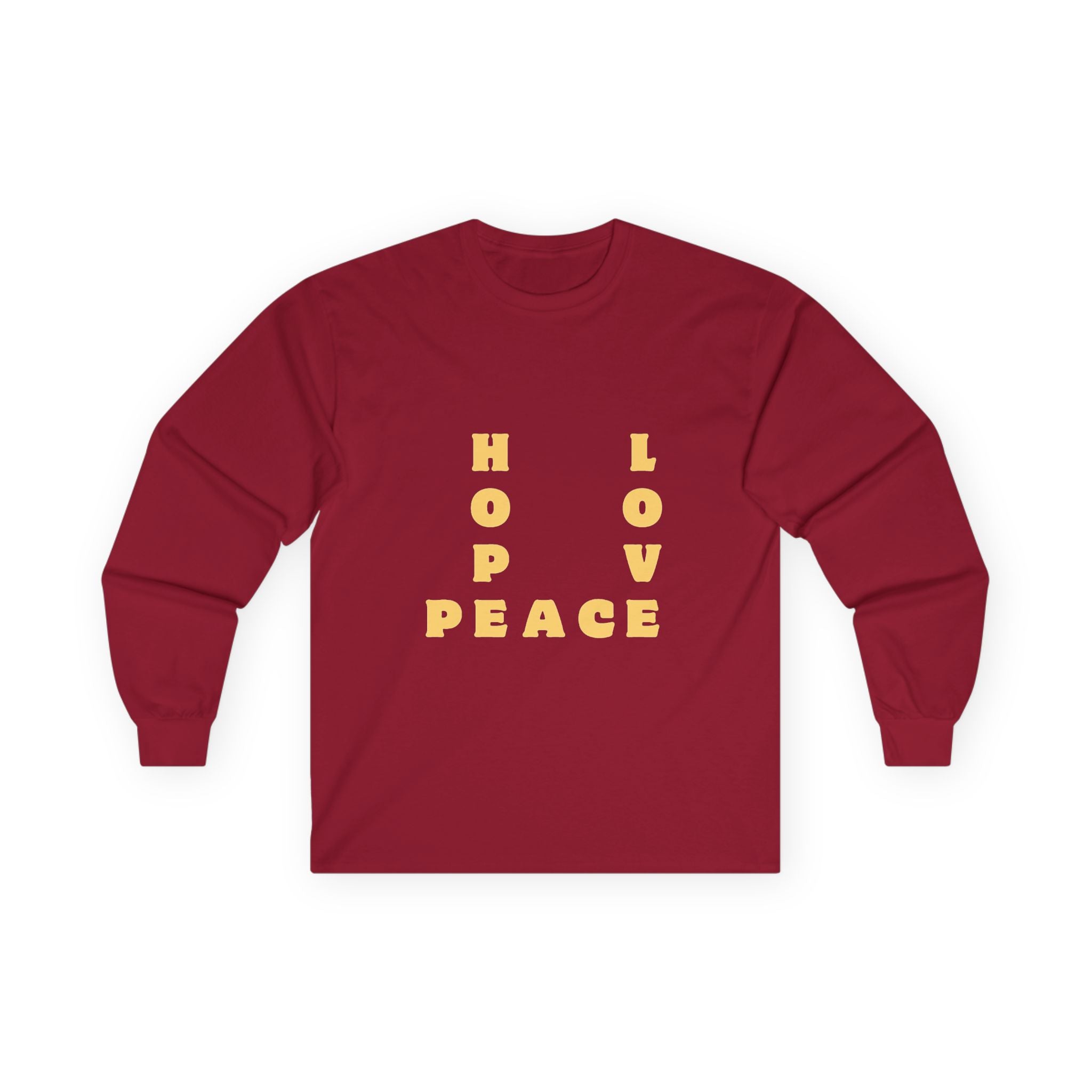 Hope Love Peace Long Sleeve Tee – Retro Block Letter Graphic Shirt