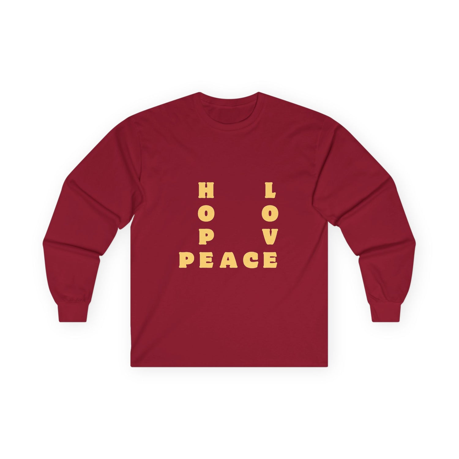 Hope Love Peace Long Sleeve Tee – Retro Block Letter Graphic Shirt