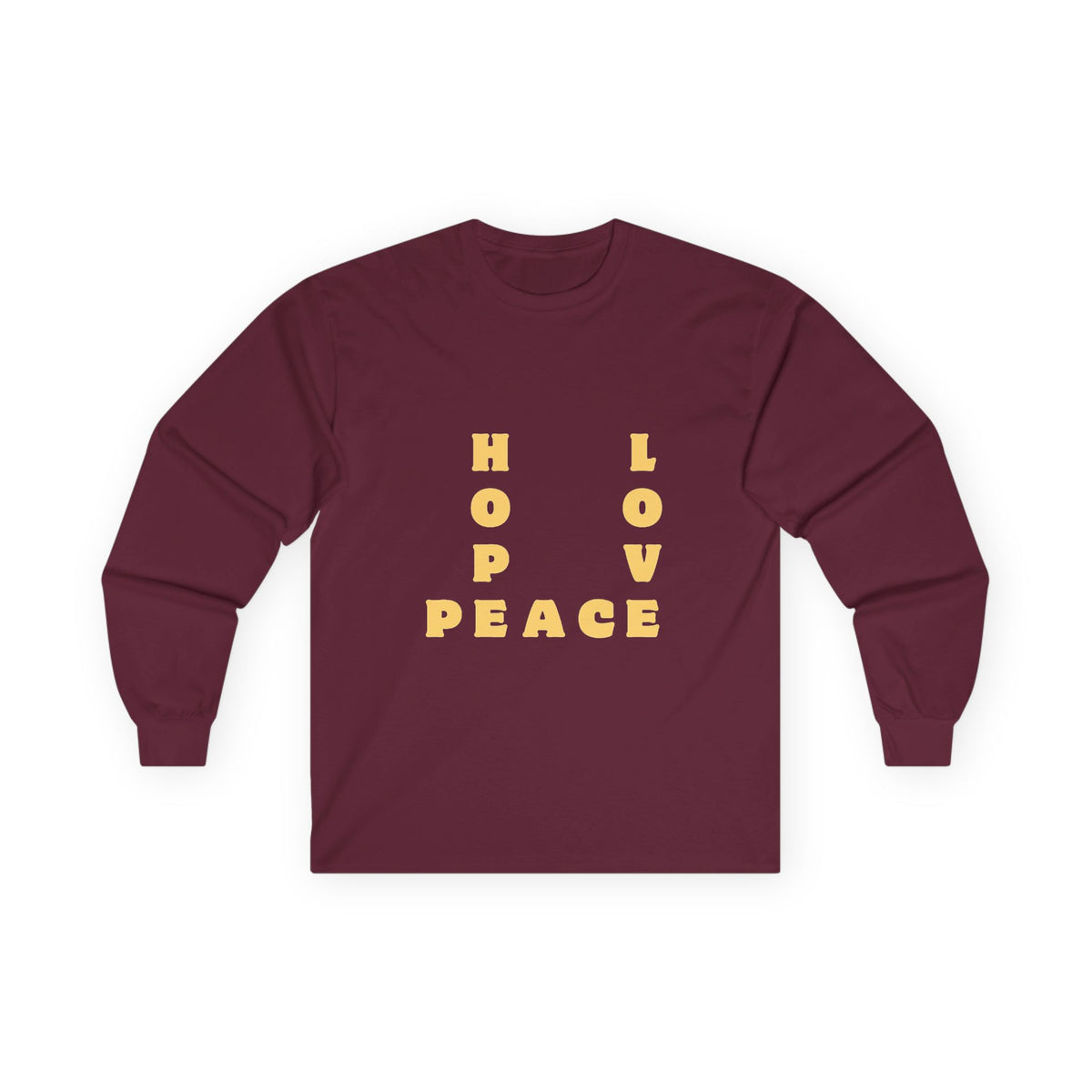 Hope Love Peace Long Sleeve Tee – Retro Block Letter Graphic Shirt